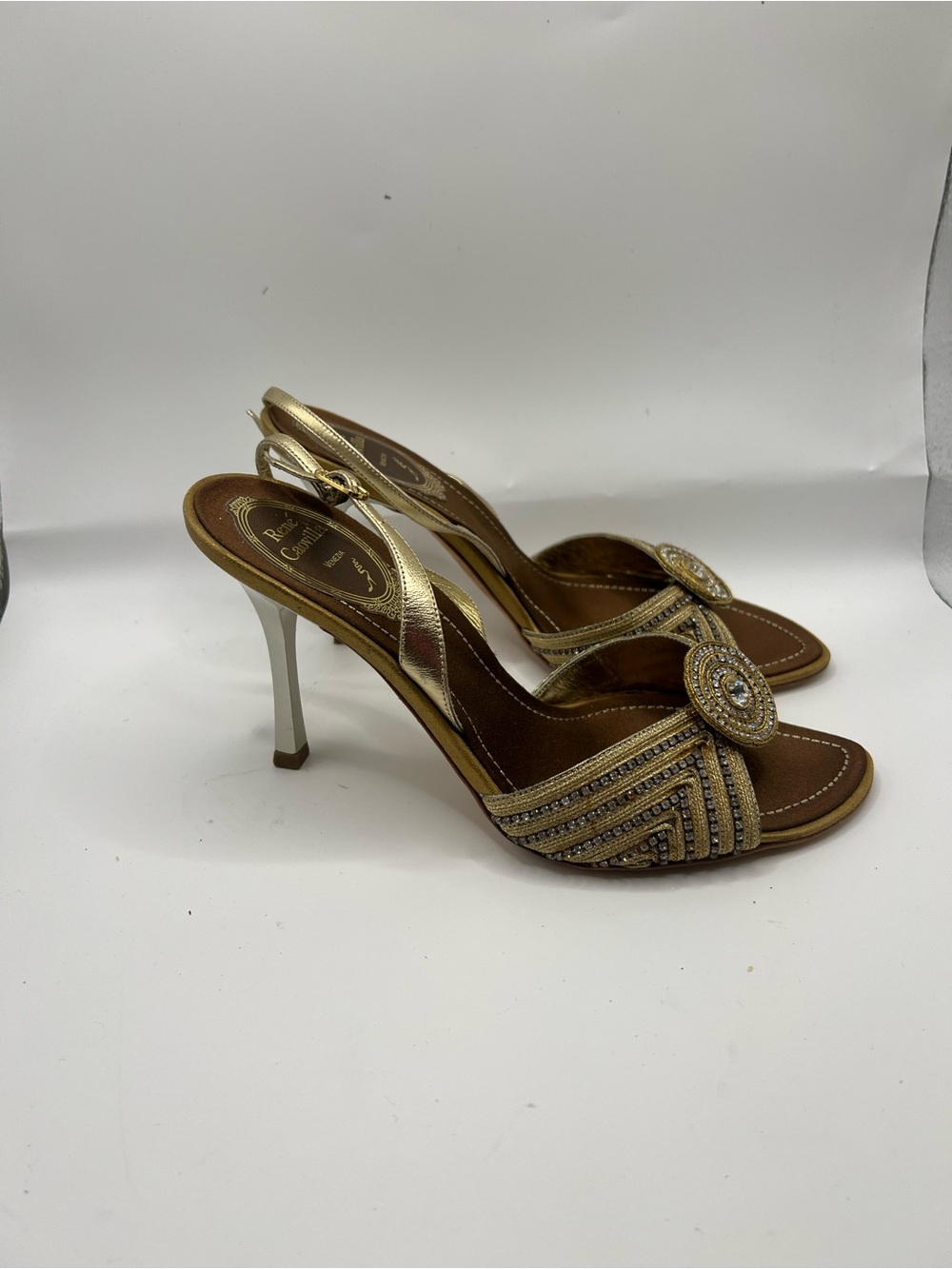 Rene Caovilla Gold Crystal Medallion Slingback Heels - Picture 7 of 15